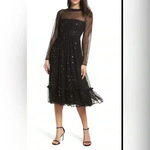 Avec Les Filles Size 6 Black Metallic Dot Ruffle Dress  NEW!